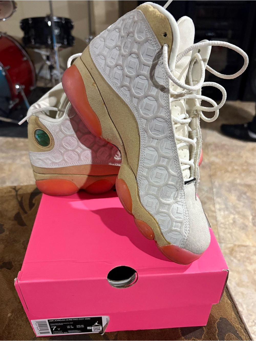 Youth Retro Basketball Sneakers - Cream with Pink Accents